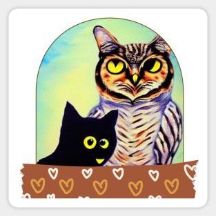 A Cat and An Owl Funny Pet Owner Lovely Designs Sticker